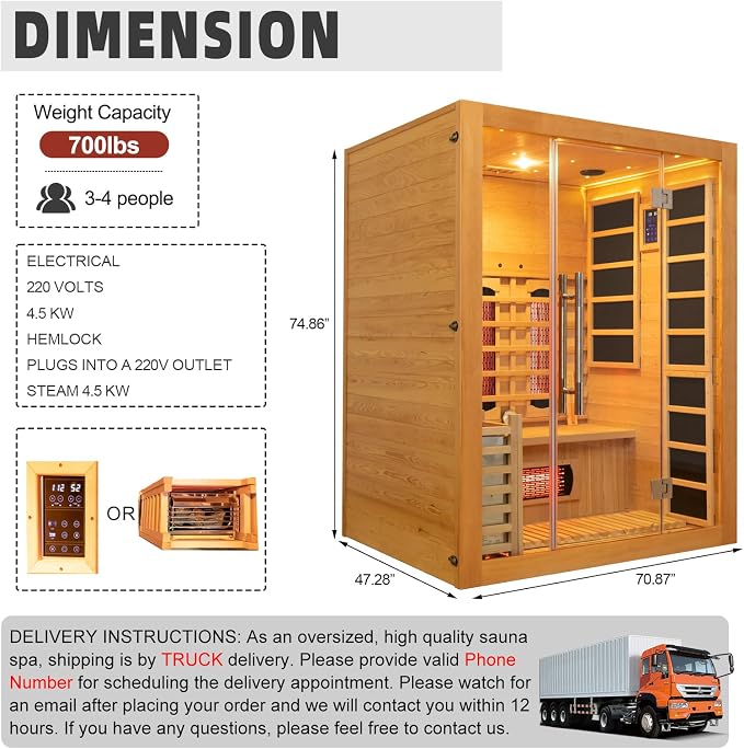 Infrared & Steam Dual-System Sauna Room, 2 Person Canadian Hemlock Wood Sauna, Indoor Traditional Home Saunas Spa with 9 Heaters & 3.5KW Sauna Stove, Oxygen Bar, 51.18"x47.24"x74.86"