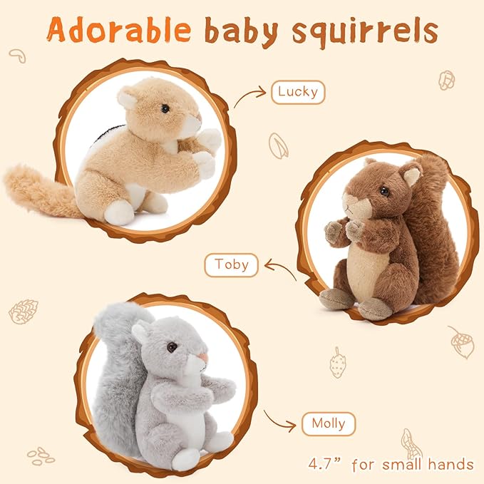MaoGoLan 4Pcs Squirrels Plush Toys with 3 Baby Squirrels, Realistic Stuffed Animals for Small Hand, Adorable Squirrel Plushie Gift for Forest Animal Lover,Girls,Boys,Kids,Baby Shower,Brown