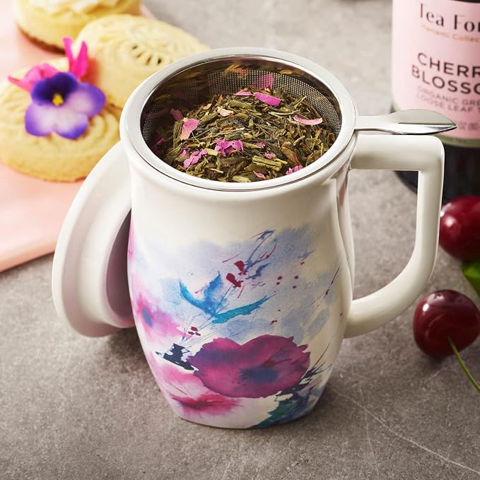 Tea Forte Ceramic Fiore Cup with Handle, Removeable Stainless Steel Infuser Basket and Lid, Steeps 14 oz Loose Leaf Tea, Dishwasher & Microwave Safe, Verbena Blossom