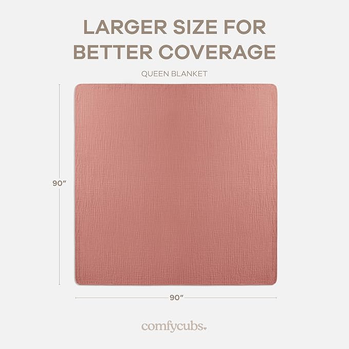 Comfy Cubs Adult Muslin Blanket 90x90” Queen Swaddle Blankets, Dusty Rose | 6 Layer Soft, Breathable & Lightweight Muslin Adult Blanket - Machine Washable & Designed in the US Bedding for All Seasons