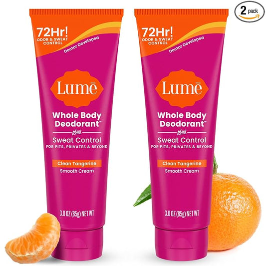 Lume Whole Body Deodorant Plus Sweat Control - Smooth Cream Tube - 72 Hour Odor And Sweat Control - Baking Soda Free, Skin Loving - 3.0 ounce (Pack of 2) (Clean Tangerine)