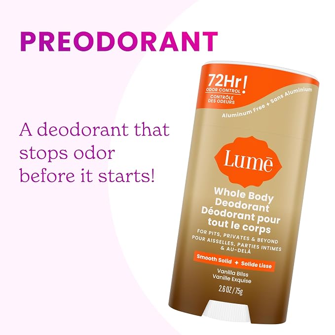 Lume Whole Body Deodorant - Smooth Solid Stick - 72 Hour Odor Control - Doctor Developed - Aluminum Free, Baking Soda Free and Skin Loving - 2.6 Ounce (Pack of 2) (Vanilla Bliss)