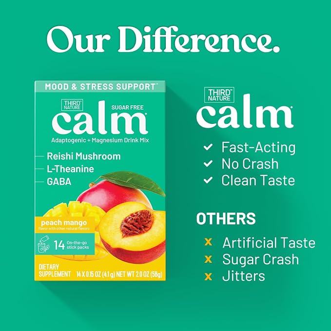Third Nature Calm Powdered Drink Mix for Stress Support, Relaxation, Healthy Cortisol & Focus - No Sugar, Non-GMO On-The-Go Calming Drink with Magnesium Glycinate, GABA, Peach Mango, 14 Stick Packs