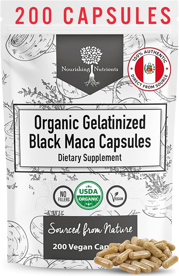 Organic Gelatinized Black Maca -4x Bioavailability 200 Capsules for Men & Women, Energy Supplement for Focus, Performance, Stamina & Endurance, Mood Enhancement, Hormone Balance, Mental Clarity 1000mg