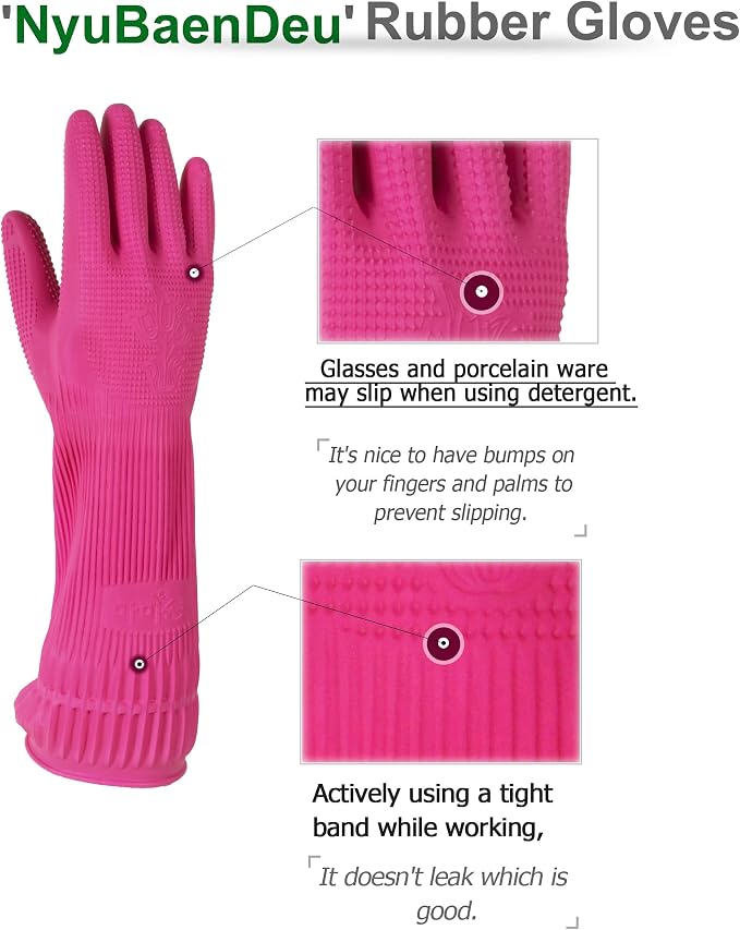 Mamison Kitchen Rubber Gloves New Band, 1 Pair, Large, Made in Korea | Korean natural latex, long cuff, thick and durable, textured non-slip grip, for dishwashing and kitchen cleaning