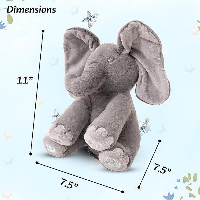 Dimple Emery Peek‑a‑Boo Elephant Plush Toy – Animated Grey Singing Stuffed Elephant for Babies & Kids with Interactive Music & Volume Control Perfect for Toddlers Ages 0 and up