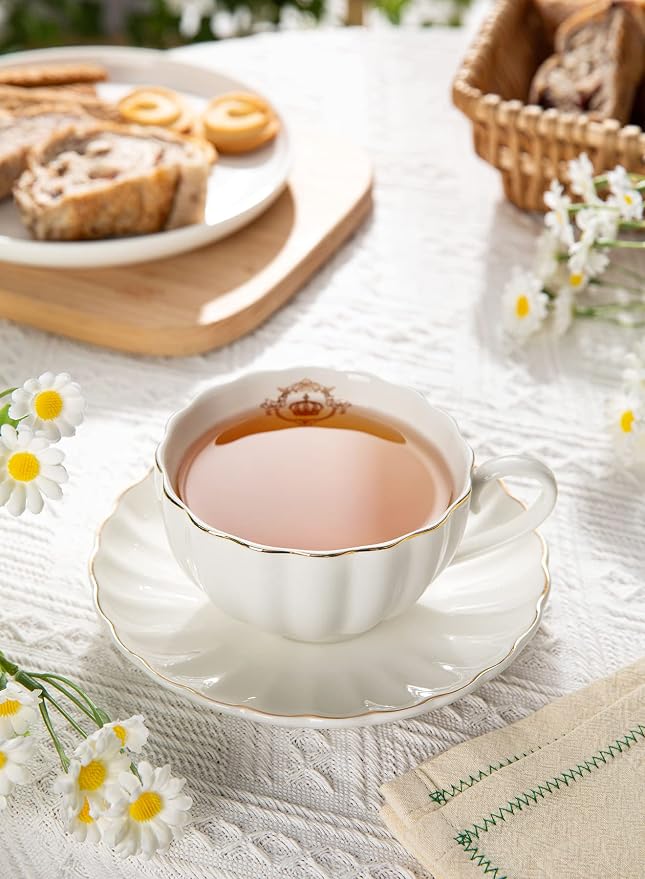 Royal Tea Cups and Saucers, with Gold Trim and Gift Box, British Coffee Cups, Tea Cup Set, Porcelain Tea Set, Cappuccino Cups, Latte Cups, Set of 6 (8 oz)- White