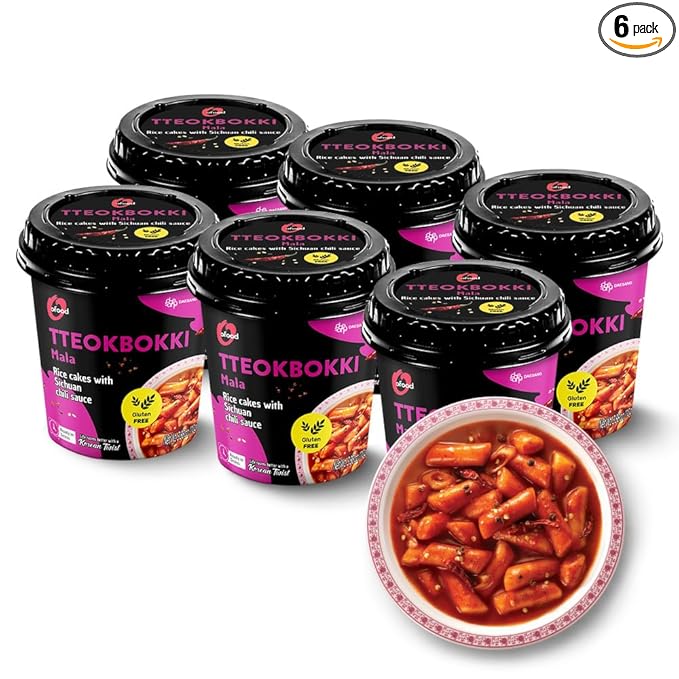 Spicy Cup Tteokbokki Instant Rice Cakes Korean – [Mala (Tingly Sichuan Spice) | Pack of 6] – Ready in 3 Minutes | Gluten-Free, Chewy, Quick & Easy Meal | Street Food Snack | 0 Cholesterol/ 0 Trans Fat - O’food