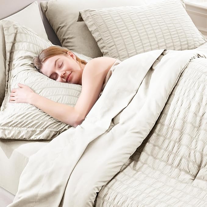 CozyLux Twin XL Comforter Set with Sheets Seersucker Beige 5 Pieces Bed in a Bag, Twin Extra Long Luxury Soft Bedding Sets for College Dorm with Down Alternative Comforter, Sheets, Pillowcase & Sham