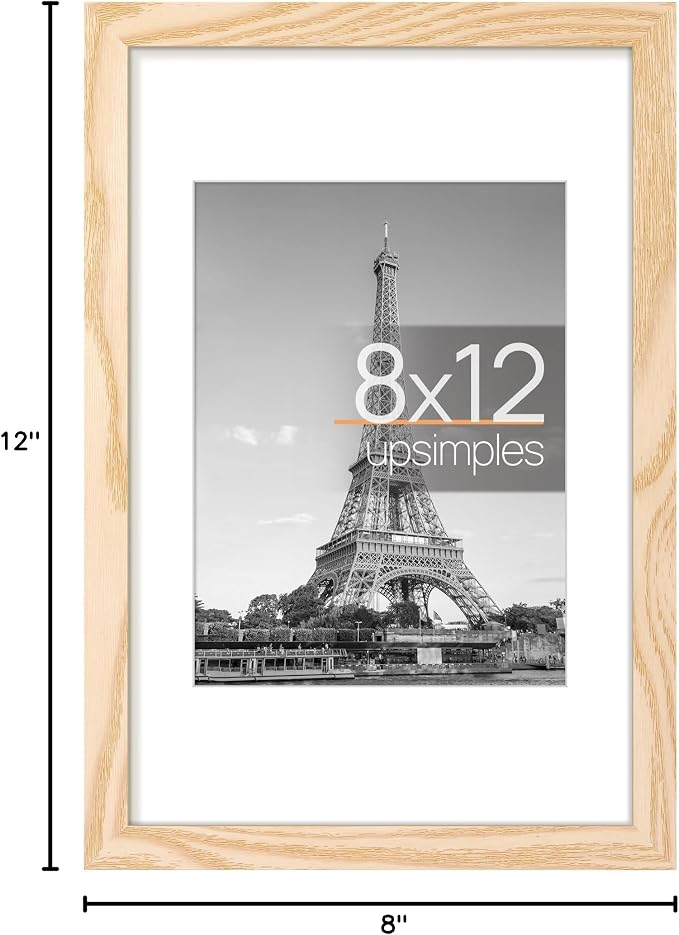 upsimples 8x12 Picture Frame, Display Pictures 6x8 with Mat or 8 x 12 Without, Wall Hanging Photo Frames, Natural Style, 1 Pack