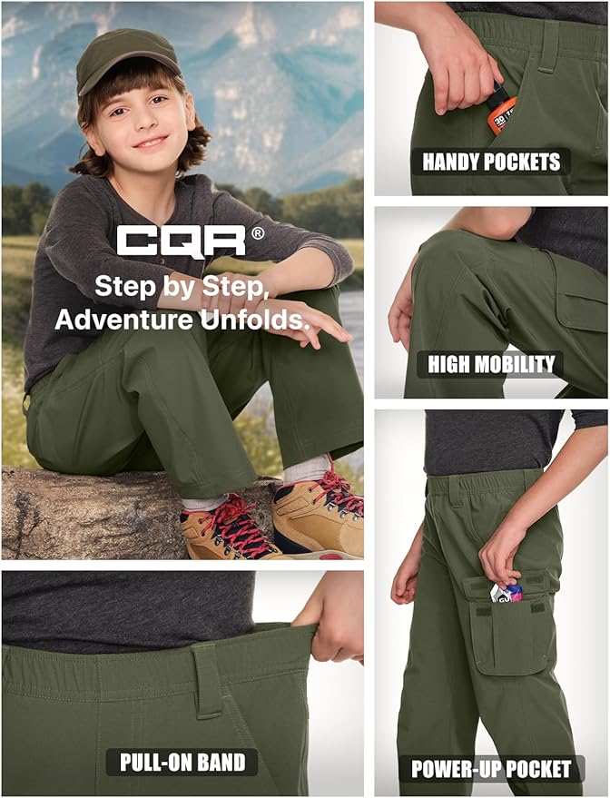 CQR Kids Boy’s Hiking Cargo Pants, Water Resistant UPF 50+ Quick Dry Youth Casual Outdoor Climbing Camping Trousers