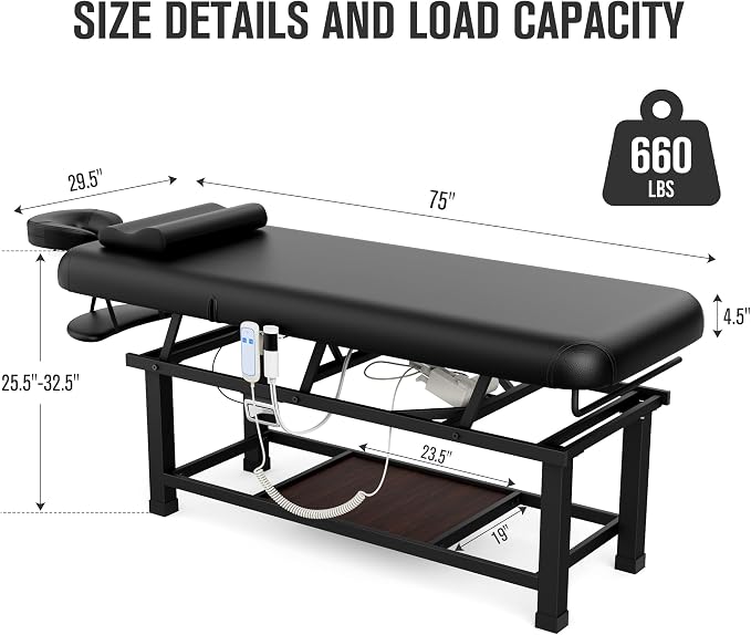 Olela Electric Heated Massage Table - Stationary Massage Table with Heating Function and Storage, Treatment Table with Electric Lift & Manual Adjustable Backrest, Metal Frame for Massage, Spa So On