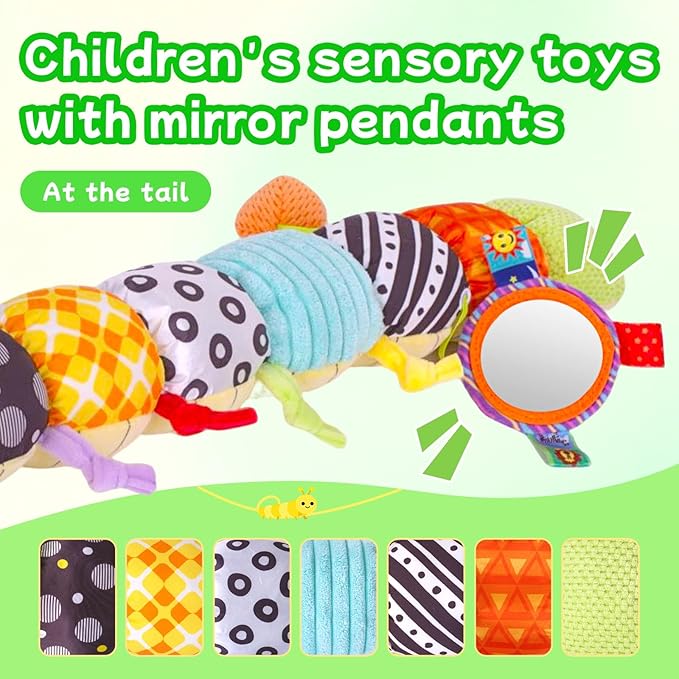 2026 Upgraded Baby Musical Plush Caterpillar Toy - Soft Sensory Toy for 0-12 Months, Tummy Time & Head-Lifting Support with Rattle, Rustling Sounds & Mirror, Ideal Baby Shower Gift
