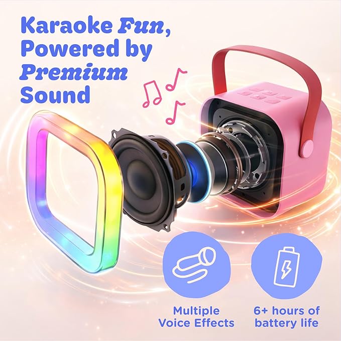 Move2Play, Mini Karaoke Machine for Kids | Built-in 20+ Songs | Bluetooth Speaker with Microphones | Voice Effects | Toddler Music Toy | Christmas Stocking Stuffer | Girls & Boys Age 2, 3, 4, 5, 6+