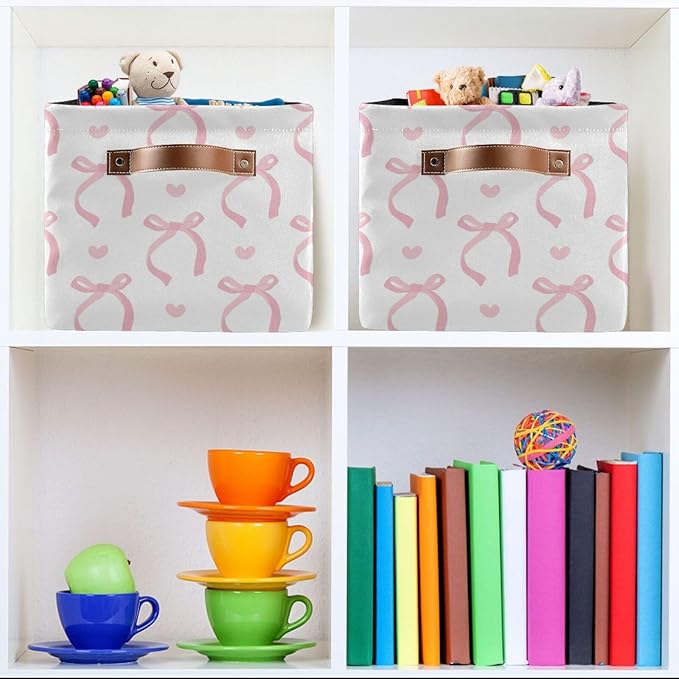Aslsiy Storage Basket Cute Coquette Pink Bow Nursery Bins White Baby Box Canvas Clothes Shelf Basket Laundry Hamper 2 Pcs