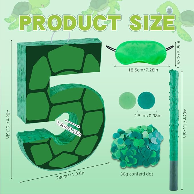 16 Inch Turtle Number 5 Pinata, Turtle Birthday Decorations, Turtle Theme Pinata with 16 Inch Stick Blindfold Confetti for Boy Girl Kids 5th Birthday Party Supplies(5th)