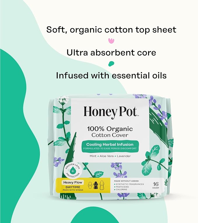 The Honey Pot Company - Herbal Sanitary Pads for Women - Heavy Flow w/Wings - Infused w/Essential Oils for Cooling Effect & Organic Cotton Cover - Feminine Care - 16 ct