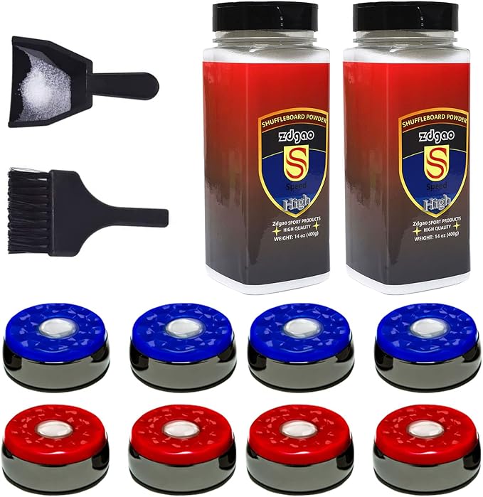 Shuffleboard Pucks w/ 2 Cans Shuffleboard Wax, Mini Dustpan and Brush for Shuffleboard Table, Complete Shuffleboard Accessories Bundle