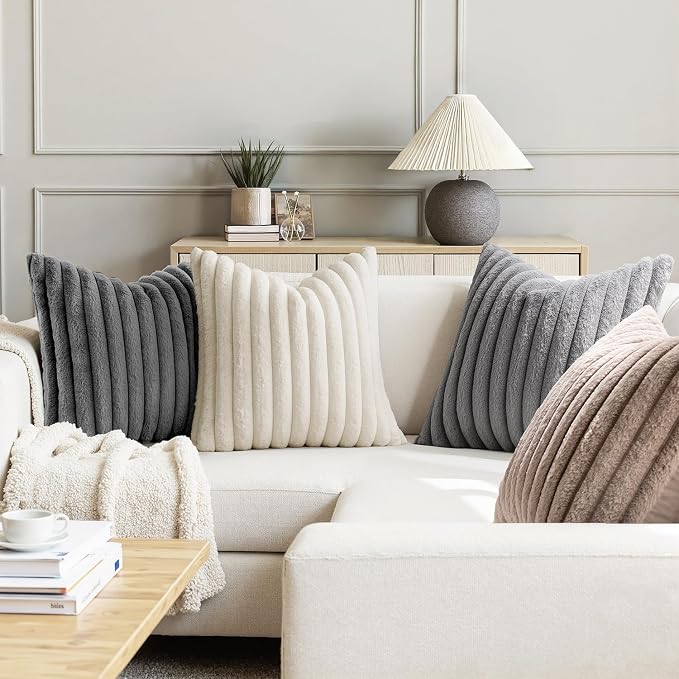 MIULEE Faux Fur Plush Decorative Throw Pillow Covers 18x18, Grey Taupe | Set of 4, Striped, Soft Boho Farmhouse, Rustic Home Decor, Cushion Cases for Sofa Couch Bed Living Room