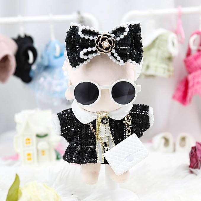 Doll Clothes 15cm Black Outfits for Dolls Elegant Dress Headband Bow Tie Glasses and Bag Exquisite Clothes Accessories Compatible with Doll (Black Bow)