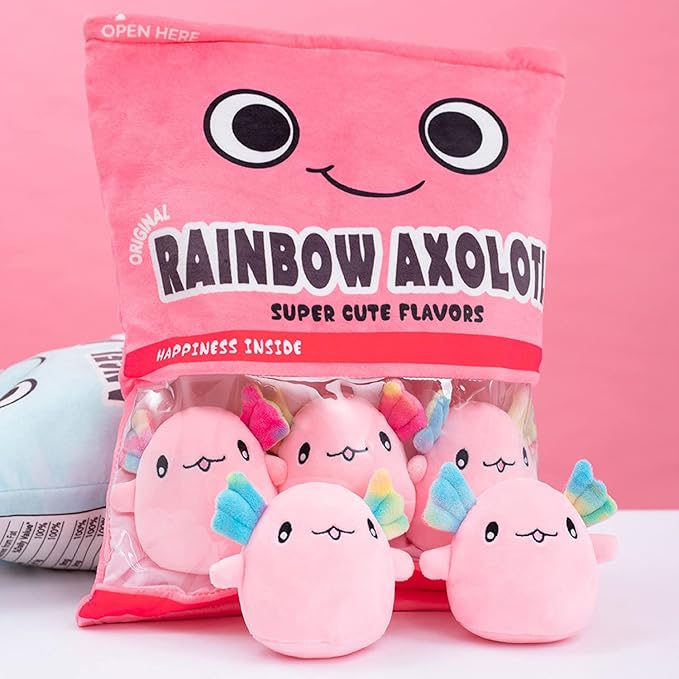 REFAHB Cute Axolotl Plush Toy, Removable Salamander Animal Stuffed Plush Pillow, Kawaii Plush Cushion Toy Game for Kids, Girls, Birthday Gift (6pcs a Bag, Blue)