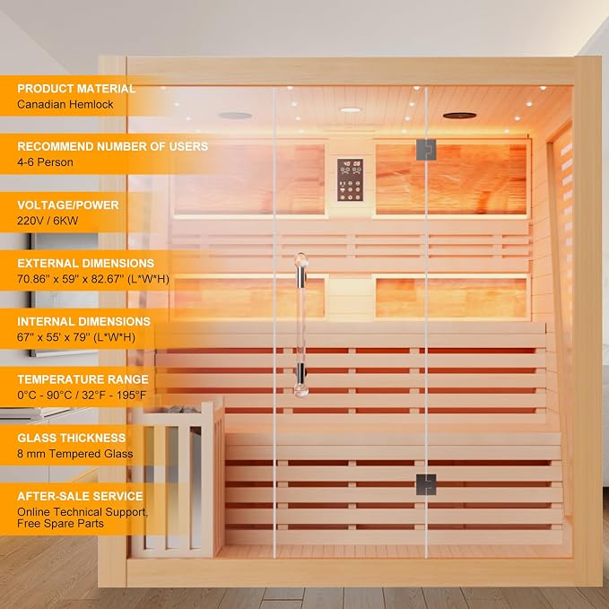 Smartmak Wood Home Steam Sauna, WiFi Control 6 Person Canadian Hemlock Traditional Luxurious Wooden Indoor Spa Room, with 6 kw Heater, Speaker, Rocks, Water Bucket, Spoon, Sky Lights