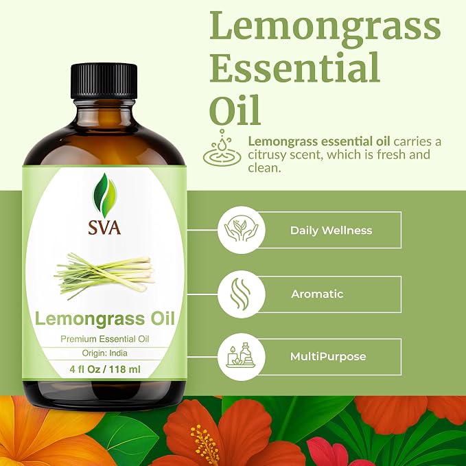 SVA Lemongrass Essential Oil 4 Fl Oz – for Diffuser, Skin & Hair Care – Ideal for Massage & DIY Blends - with Dropper