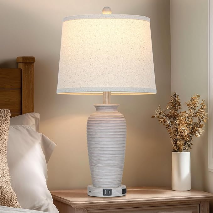 CINSARY 25" Vintage Farmhouse Jar Table Lamps, Single Rustic Bedside Lamp with USB A+C Ports & AC Outlet, Nightstand Lamps for Living Room, Bedroom, End Table, Grey White(LED Bulb Included)