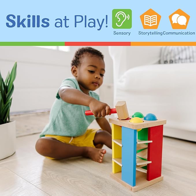 Melissa & Doug Deluxe Pound and Roll Wooden Tower Toy with Hammer, White