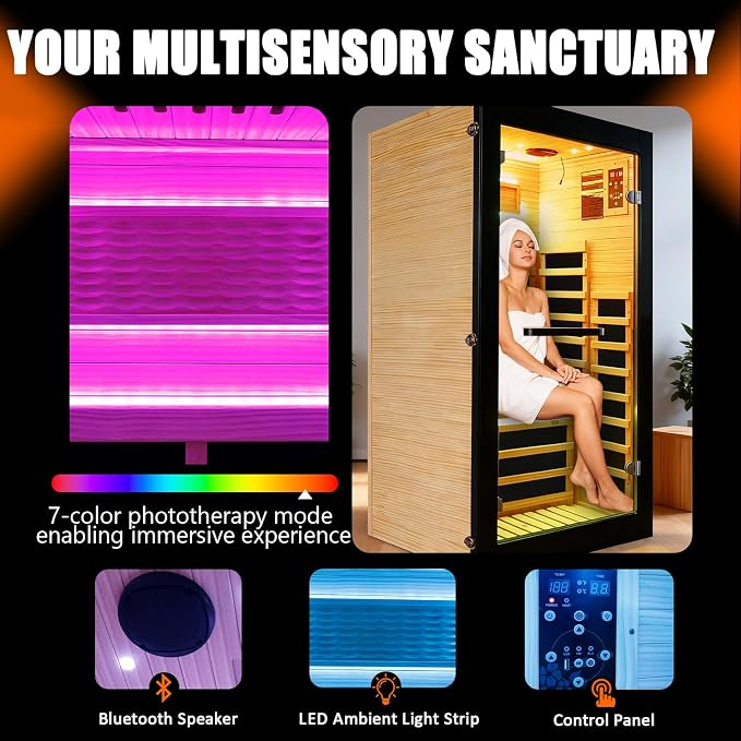 Sauna Far Infrared Saunas 1 Person Low EMF Indoor Personal Sauna | Dry Sauna Room with Starry Lights Ceiling Speakers for Home Gym Spa Fast Heating Easy Assembly 30.7x 30.7x62.2"