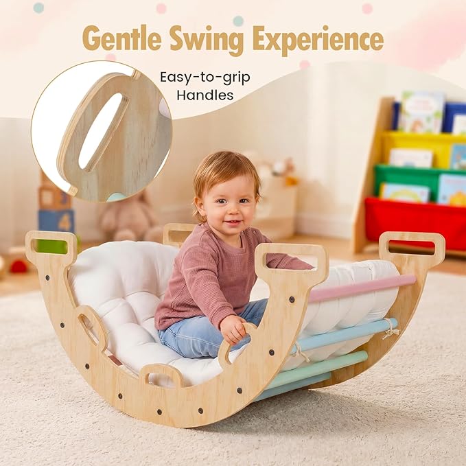 Costzon Wooden Rocking Climbing Arch w/Cushion, 3-in-1 Montessori Kids Climber Rocker for Toddlers, Playground Climbing Ladder Toy, Indoor Gym Learning Playset for Boys Girls Ages 1+ (Macaron)
