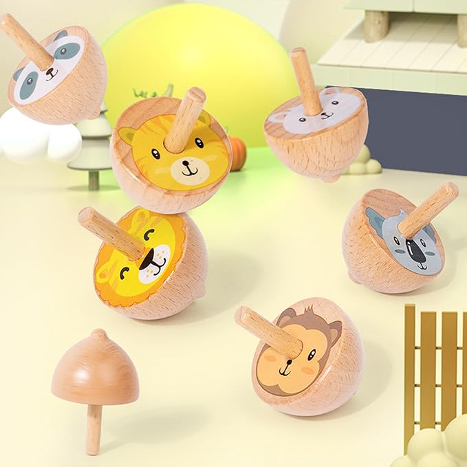 6 Pcs/Set Beech Wood Spinning Tops Toy for Kids, Animal Wooden Gyroscopes Toy for 3 4 5 6 7 Years, Fruit Educational Kindergarten Toys, Spin Tops for Party Games Birthday Gifts Family Fun (Animal)