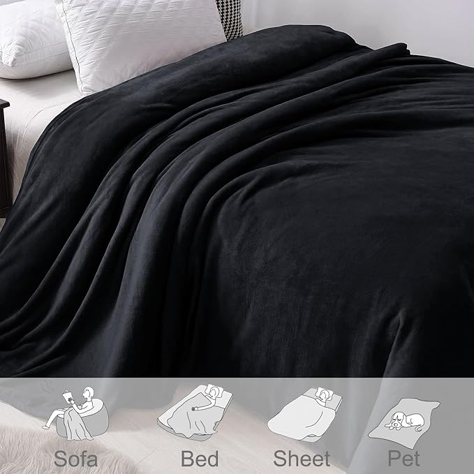 Exclusivo Mezcla Soft Fleece Blanket Queen Size for Bed, Black | 90x90 Inches, Double-Sided Brushed Flannel, Lightweight Plush Cozy Blanket for Home Decor, All Season, Machine Washable
