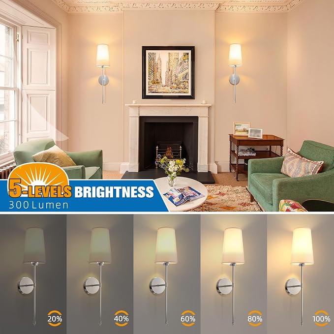 Brushed Nickel Battery Operated Wall Sconce Set of 2,Rechargeable Wall Lights with 10400mAh Dimmable Detachable Bulbs and Remote,9 Colors Wireless Sconces for Bedroom Living Room Hallway