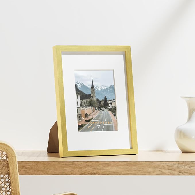 Vittanly 9x12 Picture Frames Set of 9 for Wall or Tabletop Display, Gold | Display Pictures 6x8 with Mat or 9x12 without Mat, Engineered Wood with Shatter Resistant Plexiglass, Gallery Photo Frames