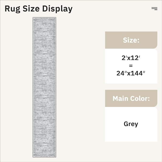 Soalmost Runner Rug 2x12 Washable Non-Slip Hallway Kitchen Runners Grey | Stain Resistant Vintage Rugs for Bathroom Laundry Room, Low Pile Foldable Floor Carpet Mat for Entryway Corridor Bedroom