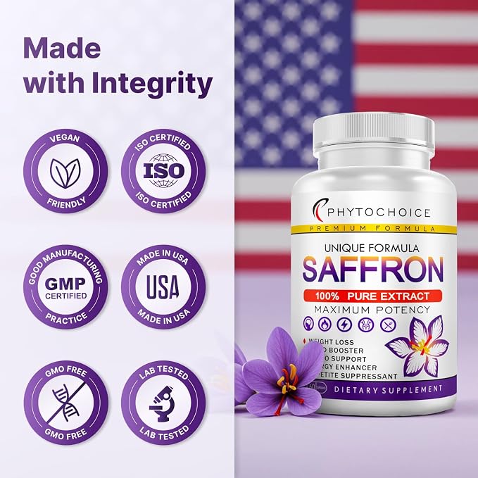 Saffron Supplements - 100% Pure Saffron Extract Capsules - Boost Energy & Mood, Support Eye & Heart Health, Focus, Vision - Pure Saffron Extract 88.5 mg - Made in USA for Women & Men - 90 Capsules