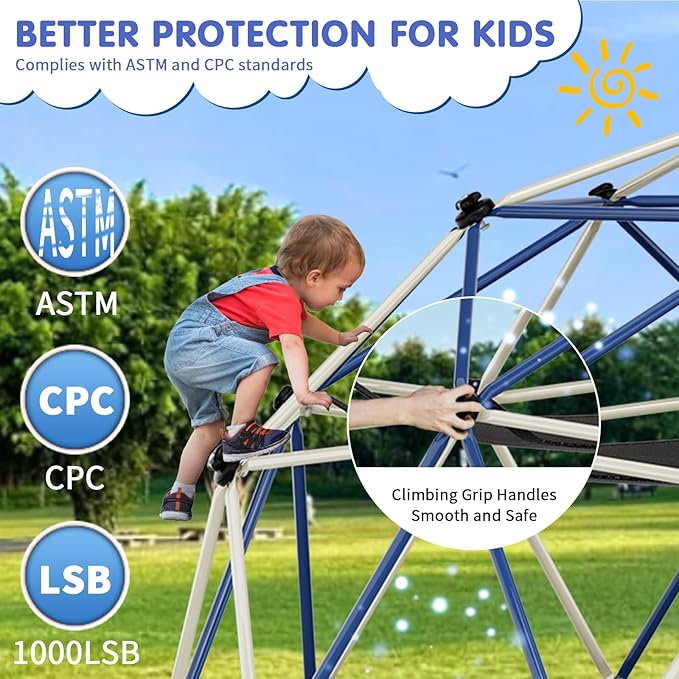 Climbing Dome,10FT Dome Climber with Hammock, Outdoor Jungle Gym for Kids, Supports Jungle Gym up to 1,000 lbs, Rust Resistant, Easy to Assemble, Gift for Kids, Blue+White