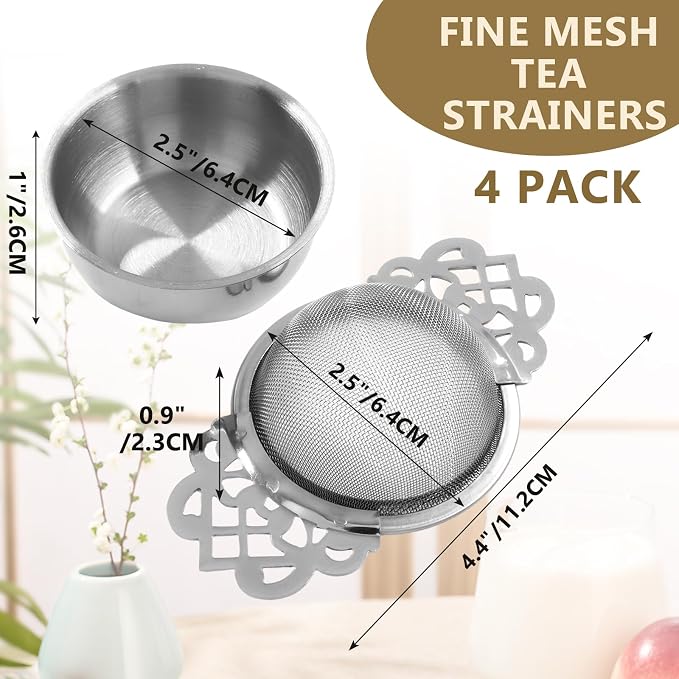 4 Pack Fine Mesh Tea Strainers with Drip Bowls, Stainless Steel Loose Leaf Tea Filter, Double Wing Handles for Mugs & Cups 2.5-4 Inch Mouth, Silver