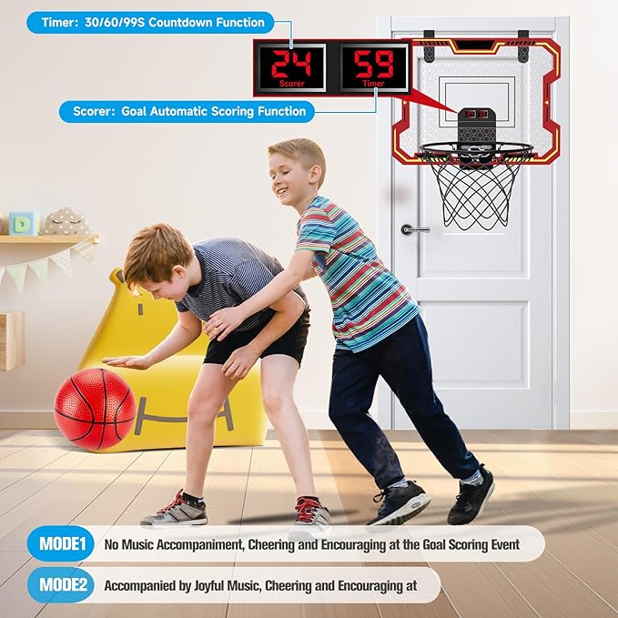 Basketball Hoop Indoor for Kids(4-12 Years Old), Over The Door Basketball Hoop with Scoring, Countdown and Music Accompaniment, Christmas Toys