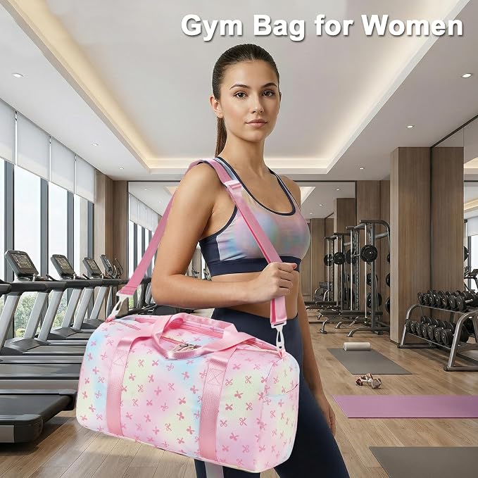 Gym Bag Sports Duffle Bag with Wet Pocket Weekender Overnight Bags with Waterproof Shoe Pouch and Air Hole for Girls Kids Women Workout Travel Bags (Bow Rainbow)