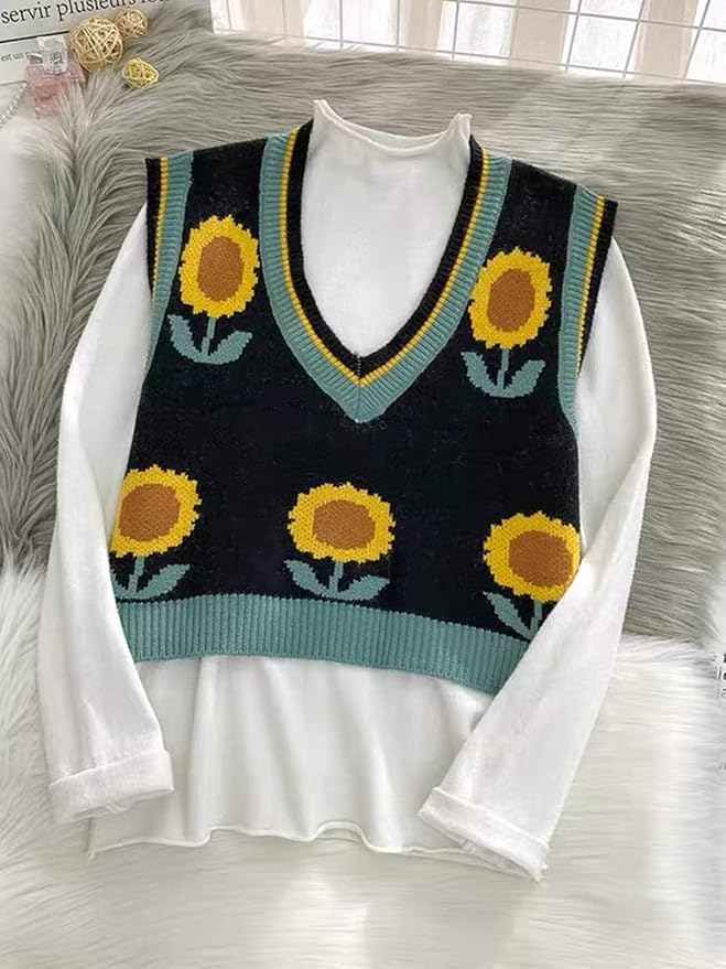 Women's Sweater Vest,Y2K Sleeveless Pattern Preppy Style Knitted Crop Tank Top for Girl