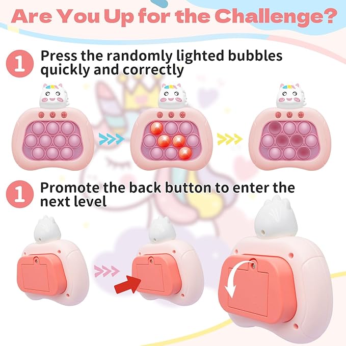 Unicorn Pop Fidget Game Toys, Light Up Fidget Toy with 1 Min Auto-Off Electric Pop Bubble Game Controller Handheld Puzzle Game Sensory Toys Birthday for Kids Girls