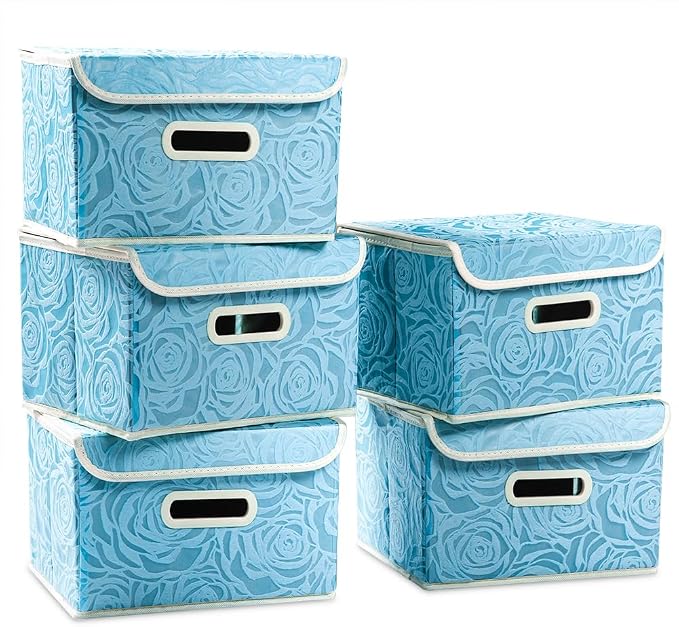 Collapsible Storage Boxes with Lids [5-Pack] Fabric Decorative Storage Bins Cubes Organizer Containers Baskets with Cover Handles Divider for Bedroom Closet Living Room Blue 9.8x7.9x6.7 Inch