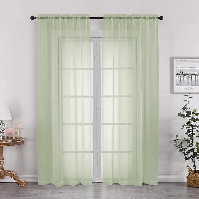 OWENIE Sheer Curtains 72 Inches Long 2 Panels Set, Light Filtering Sheer Curtain Rod Pocket Clear Drapes for Living Room Bedroom Window Sliding Door, Each 42 x 72 Inch, Light Green
