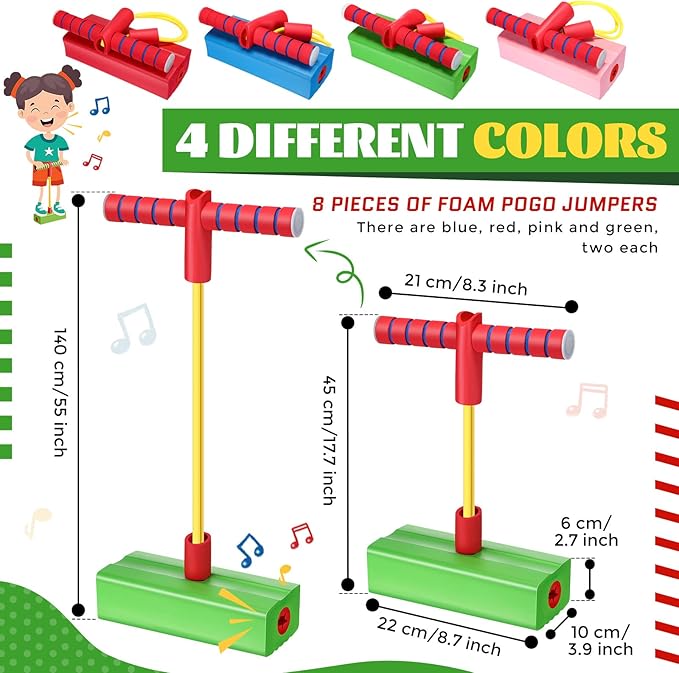 Wettarn 8 Pcs Foam Pogo Jumper Promote Grow Tall Pogo Stick Foam Jumper Safe and Fun Jumping Stick for Teens Boys Girls Outdoor Indoor Halloween Christmas Stuffer Gift Squeaks with Each Hop, 4 Colors