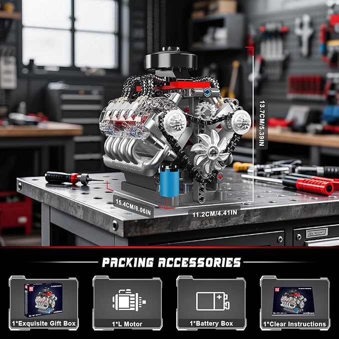 Mould King 10171 V8 Engine Model Kit, Mini V8 Engine Kits That Runs, Build Your Own Car Model Engine with Motor, Collectible Building Blocks for Adults, DIY STEM Construction Toys for Display