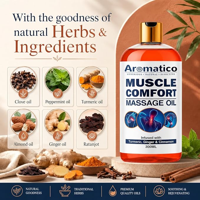 AROMATICO Muscle Comfort Deep Tissue Massage Oil - Herbal Massage Oil with Ginger, Turmeric & Clove for Joint Pain, Back Pain & Muscle Relaxing | 10 Fl Oz