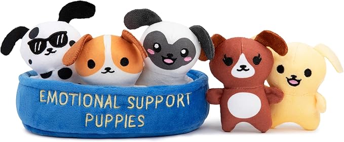 WHAT DO YOU MEME? Emotional Support Puppies by Relatable, Cuddly Stuffed Animals, Plushies, and Cute Stuff, Great Gift Ideas for Loved Ones of All Ages, Includes 5 Plushies with Carrying Basket