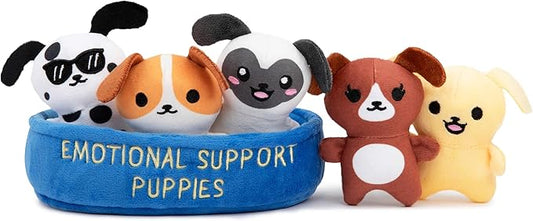 WHAT DO YOU MEME? Emotional Support Puppies by Relatable, Cuddly Stuffed Animals, Plushies, and Cute Stuff, Great Gift Ideas for Loved Ones of All Ages, Includes 5 Plushies with Carrying Basket
